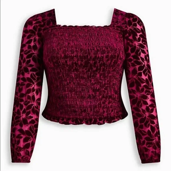 Velvet Burnout Torrid Size 2 Smocked TOP Sheer
Floral Sleeves Purple Wine Crop - Picture 17 of 17